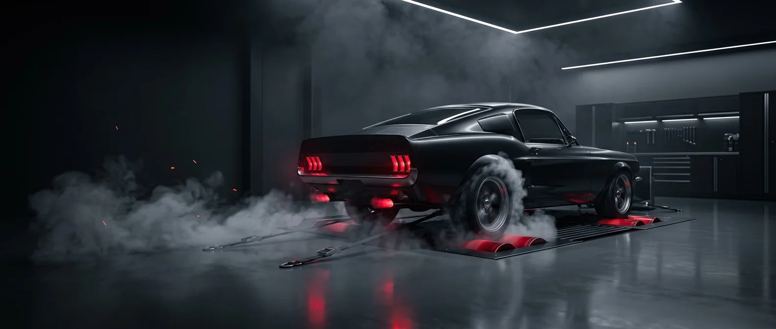 Black classic muscle car on a rolling road dyno, rear tyres smoking, in a clean modern tuning workshop