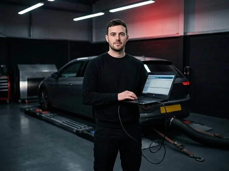 Jordan Hale, calibration, holding a laptop beside the rolling road