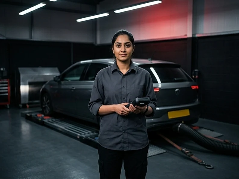Priya Kaur, diagnostics, holding a diagnostic scanner in the dyno cell