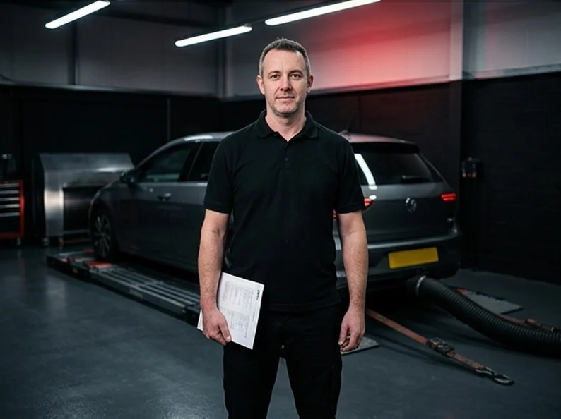 Matt Greaves from the front desk, holding a dyno printout