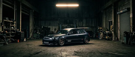 A car inside the dark workshop under a single strip light