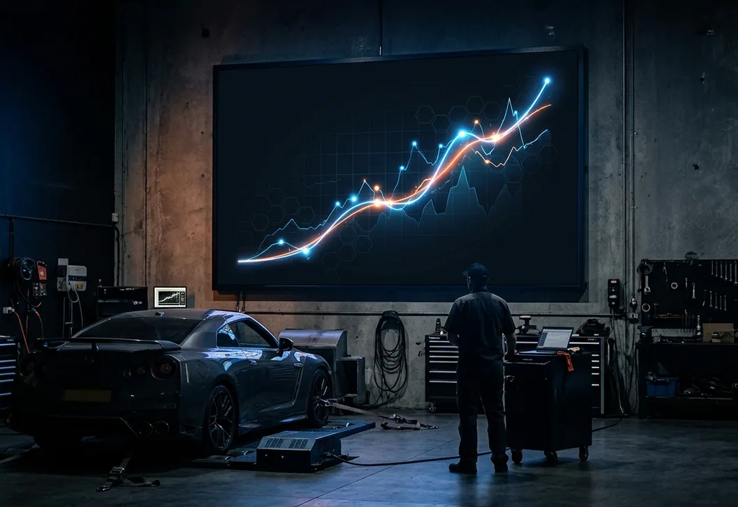 A power and torque graph on the screen in the dyno cell
